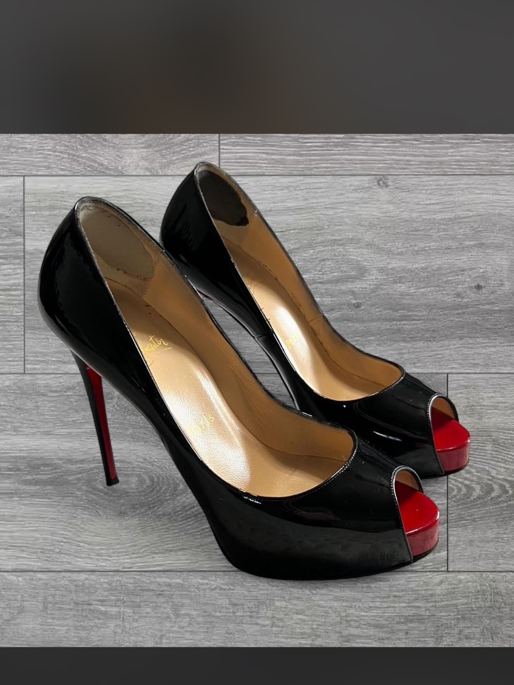 Christian Louboutin Black Patent Peep-Toe Pumps with Red Soles and Red Toe